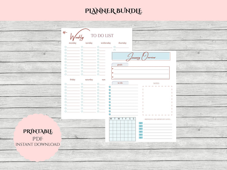 Printable Planner Bundle, Undated Monthly Weekly Daily Planner.